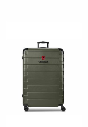 Grote olijfgroene harde koffer met vier wielen, een uitschuifbaar handvat en een rood Tonino Lamborghini-logo in het midden.