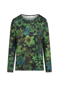 Long-sleeve top made of textured fabric, featuring a dark background with a colorful floral pattern in shades of green and blue.