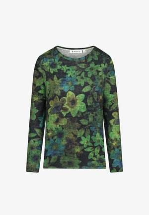 Long-sleeve top made of textured fabric, featuring a dark background with a colorful floral pattern in shades of green and blue.