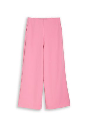 Pink high-waist wide-leg trousers with side pockets, flat front, and no visible fastenings, displayed against a white background.