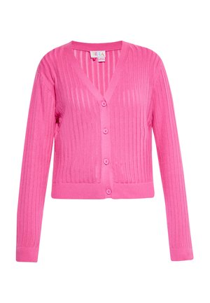 Roze geribde cardigan met een V-hals, lange mouwen en zes bijpassende knopen aan de voorkant. Zachte, lichtgewicht breistekstuur.