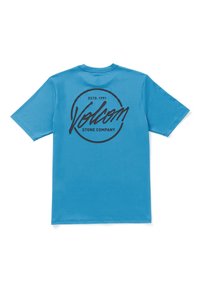 Sininen lyhythihainen t-paita, jossa on musta pyöreä logo ja teksti "Volcom Stone Company" selässä. Valmistettu sileästä kankaasta.
