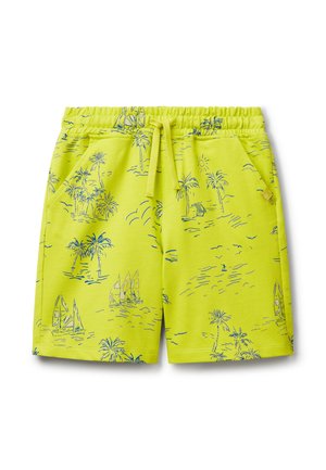 Shorts jaunes néon avec un motif de palmiers bleus et de voiliers. Caractéristiques : une taille élastique avec cordon de serrage, deux poches latérales.