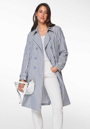 Manteau trench rayé bleu et blanc, avec un design à double boutonnage, de grands boutons et un col cranté. Porte un sac à main blanc.