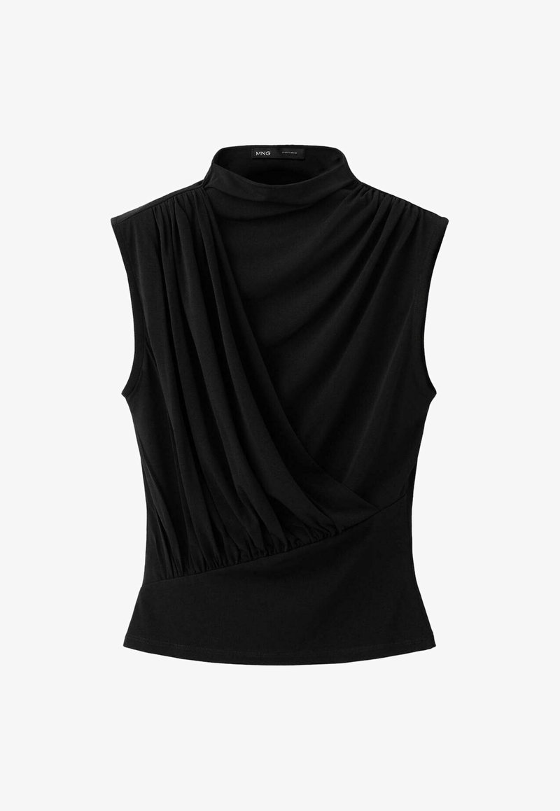 Haut noir sans manches avec col montant, détail asymétrique de tissu drapé sur le devant et taille cintrée.