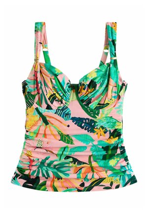 Tropický tankini top s potlačou so svetloružovým pozadím, ktorý obsahuje zelené, žlté a oranžové listy a nastaviteľné ramenné popruhy.