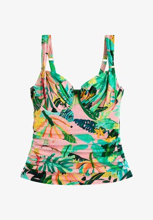 Top tankini con stampa tropicale su sfondo rosa, caratterizzato da foglie verdi, gialle e arancioni e spalline regolabili.