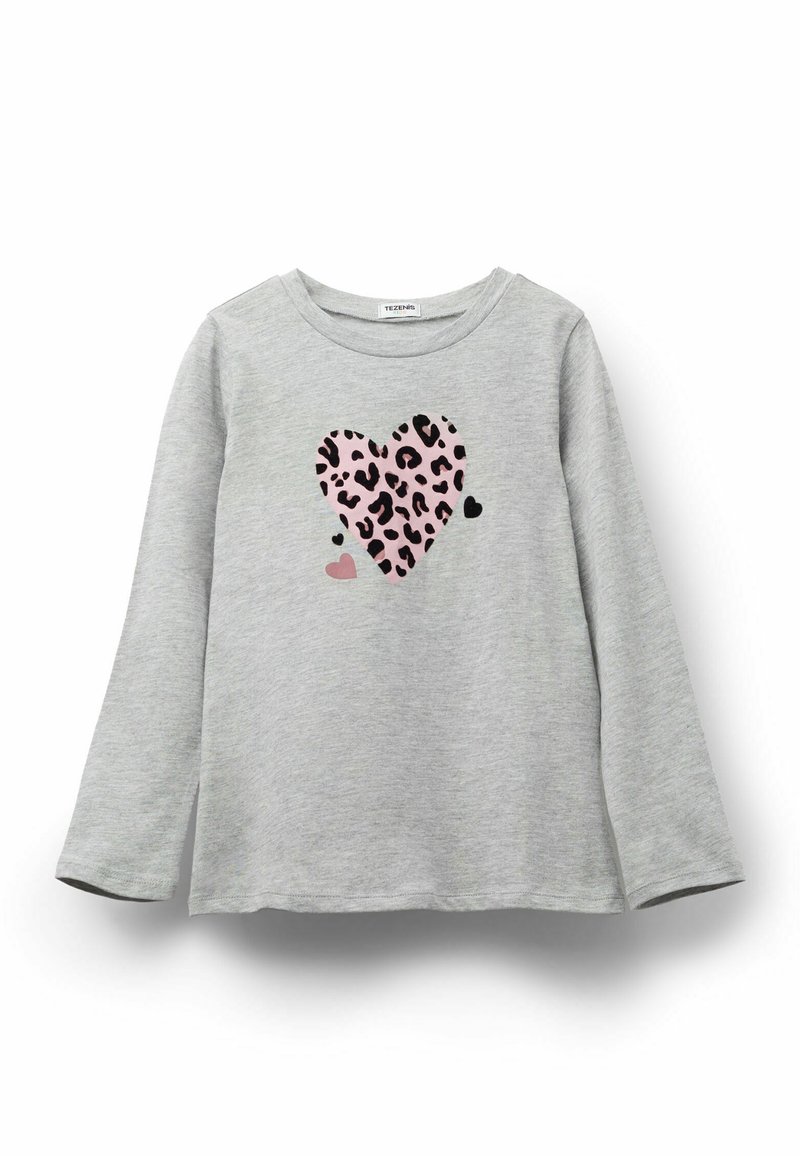 Graues Langarmshirt mit einem großen, pinkfarbenen Leopardenherz-Design in der Mitte, umgeben von kleineren schwarzen und pinken Herzakzenten.
