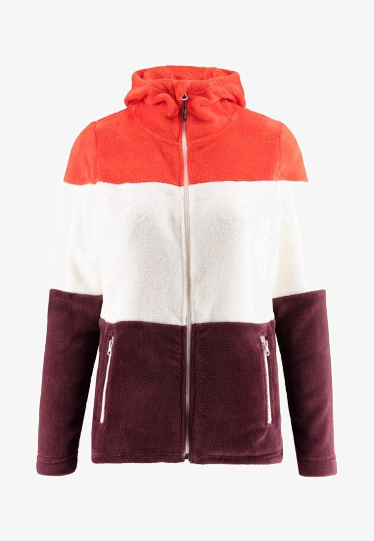 Fleecejacka med dragkedja, med färgblockerat mönster: orange upptill, vit i mitten, djupt bordeaux nederst. Två sidofickor med dragkedja.