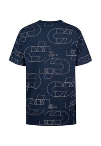 Camiseta azul marino con un patrón geométrico en crema clara. Tiene un cuello redondo y mangas cortas, hecha de suave material de algodón.