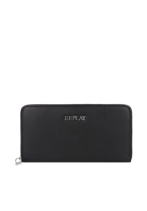 Black leather wallet with a smooth texture, featuring a silver "REPLAY" logo and a zip closure along the top edge. Compact rectangular shape.