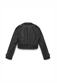 Schwarze, taillierte Lederjacke mit kurzen Ärmeln, enger Taille, Knopfverzierungen an den Schultern und einer glatten Textur.