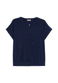 Navyblauer kurzärmeliger Cardigan mit kleinen silbernen Punkten, die über den Stoff verteilt sind, und schwarzen Knöpfen auf der Vorderseite.