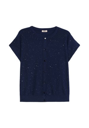 Navyblauer kurzärmeliger Cardigan mit kleinen silbernen Punkten, die über den Stoff verteilt sind, und schwarzen Knöpfen auf der Vorderseite.