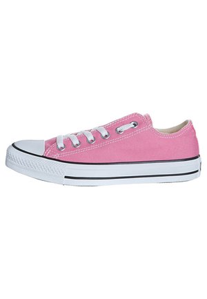 Low-top pink canvas sneaker with white rubber toe cap, white laces, and white sole with black stripe, viewed from the outer side.