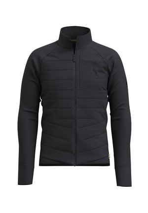 Chaqueta negra con cierre, hecha de una tela texturizada, que presenta detalles de paneles horizontales, cuello alto y mangas largas. Acentos en naranja, amarillo y azul.