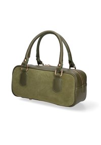 Borsa a tracolla verde oliva con finiture in pelle liscia e dettagli in suede. Presenta doppi manici, hardware dorato e chiusura a zip. Forma rettangolare.