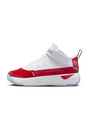 Red and white athletic shoe with patent leather accents, mesh panels, padded collar, and adjustable strap. Rubber sole with blue tint.