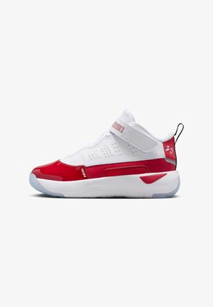 Red and white athletic shoe with patent leather accents, mesh panels, padded collar, and adjustable strap. Rubber sole with blue tint.