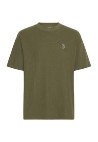 Olive green ribbed short-sleeve t-shirt with a crew neckline and a small letter "S" embroidered on the left side of the chest.