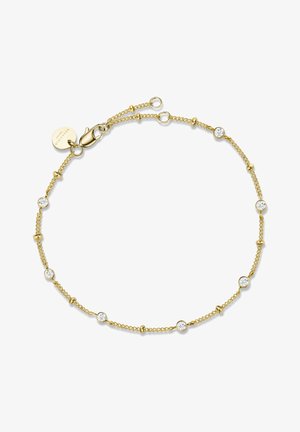 Goldene Kettenarmband mit gleichmäßig verteilten kreisförmigen klaren Kristallen, ausgestattet mit einem Karabinerverschluss und einem runden Anhänger zur Befestigung.