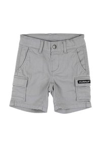 Graue Cargo-Shorts mit Knopfverschluss, Seitentaschen und einer Aufnäherei. Hergestellt aus robustem Stoff mit glatter Textur.