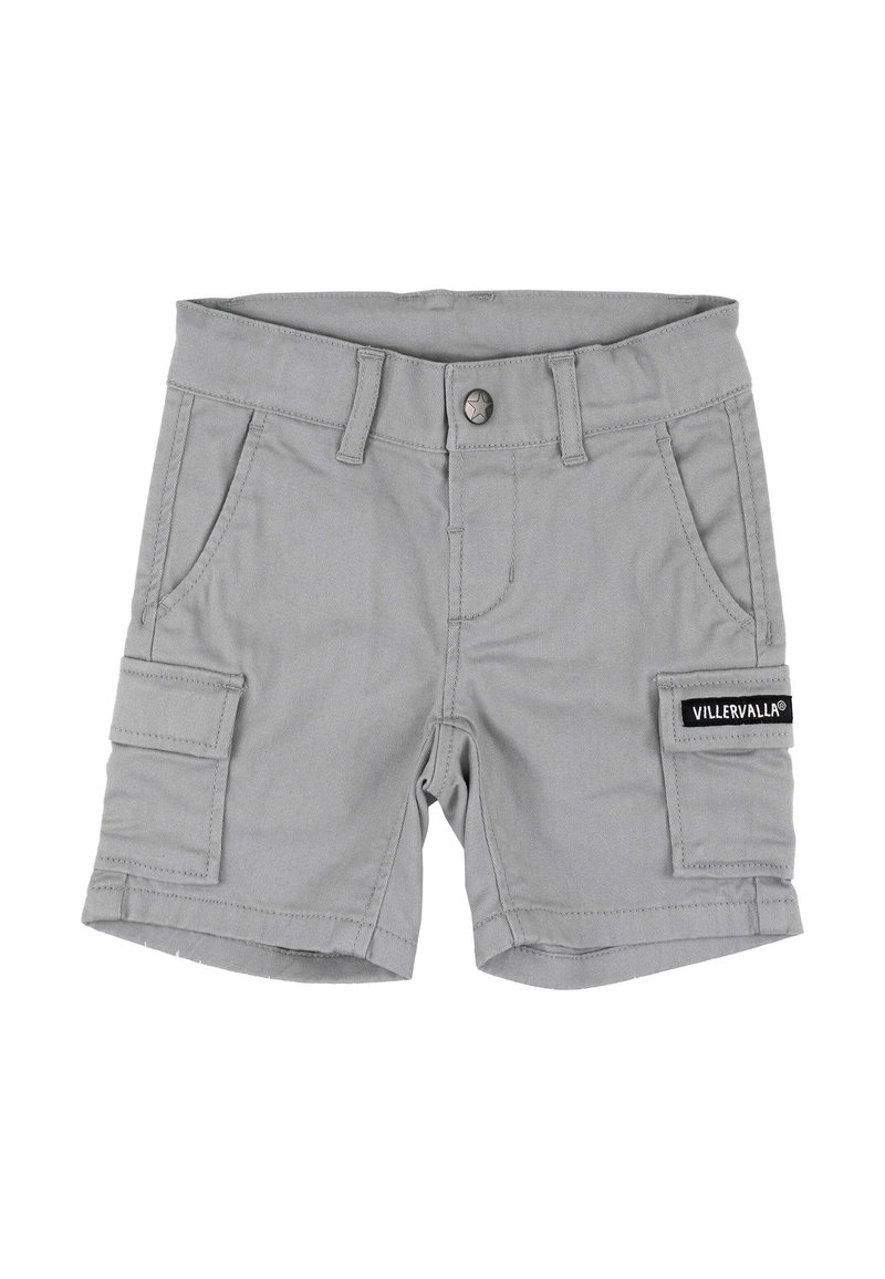 Graue Cargo-Shorts mit Knopfverschluss, Seitentaschen und einer Aufnäherei. Hergestellt aus robustem Stoff mit glatter Textur.