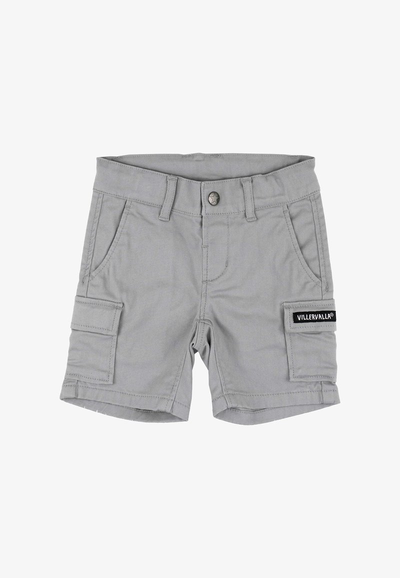 Graue Cargo-Shorts mit Knopfverschluss, Seitentaschen und einer Aufnäherei. Hergestellt aus robustem Stoff mit glatter Textur.