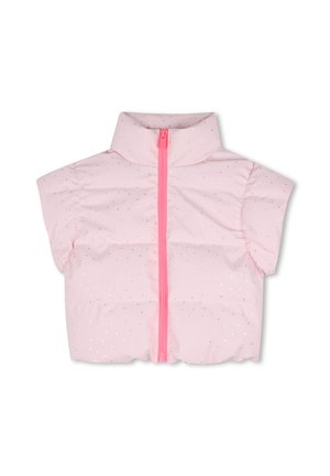 Veste matelassée rose clair à manches courtes, col haut, petits points argentés et fermeture éclair avant rose vif.