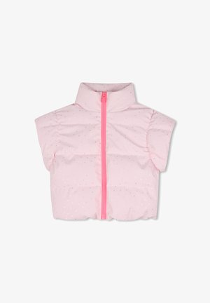 Veste matelassée rose clair à manches courtes, col haut, petits points argentés et fermeture éclair avant rose vif.