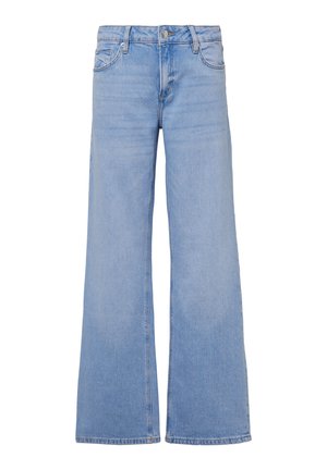 Helleblaue weite Jeans aus Denim. Mit einem vorderen Knopfverschluss, fünf Taschen und sauberen Säumen. Glatte Textur.