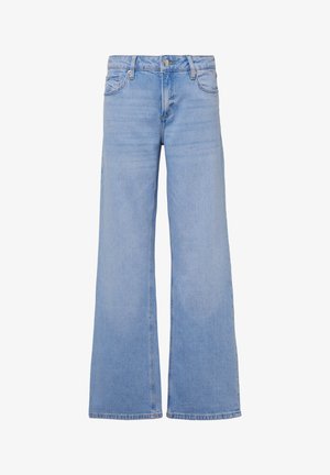 Jean large bleu clair en denim. Dispose d'une fermeture à bouton à l'avant, d'un design à cinq poches et d'ourlets nets. Texture lisse.