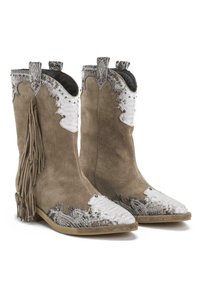 Kovbojské boty s povrchem z béžové semišové kůže, stříbrnými akcenty, střapci na straně a špičatou špičkou s propracovaným prošíváním a texturami.