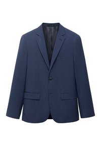 Temno modra blazer iz teksturirane tkanine, z dvema gumboma spredaj, s pravokotnimi klapnicami in dvema stranskima žepoma s klapnicami. Klasična zasnova.