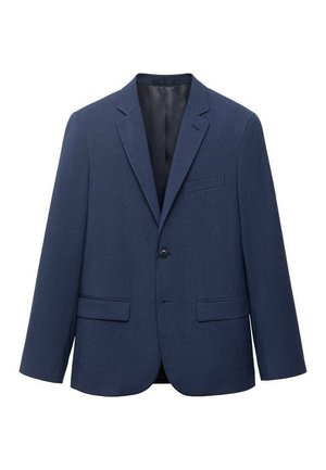 Marinblå blazer i texturerad tyg, med en tvåknappsframsida, spetsiga slag och två sidofickor med klaff. Klassisk design.