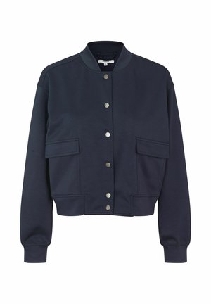Navy blue bomber jacket with a ribbed collar, snap buttons, and two front pockets. Made from smooth fabric with a slightly cropped fit.
