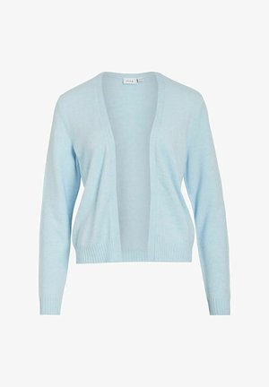 Cardigan bleu clair à manches longues avec ouverture sur le devant, poignets et ourlet côtelés, présenté sur un fond blanc uni.