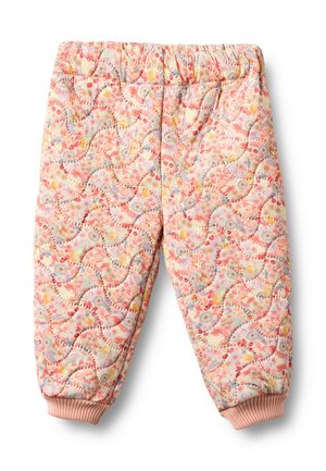 Pantalones acolchados con un estampado floral en tonos pastel, que cuentan con una cinturilla elástica y puños acanalados, predominantemente en tonos durazno y rosa claro.