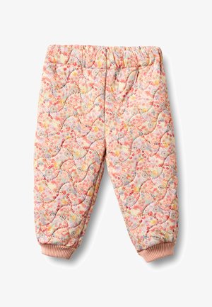 Pantalon matelassé à motif floral pastel, doté d'une ceinture élastique et de poignets côtelés, principalement dans des tons pêche et rose clair.