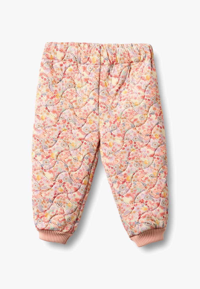 Pantalon matelassé à motif floral pastel, doté d'une ceinture élastique et de poignets côtelés, principalement dans des tons pêche et rose clair.