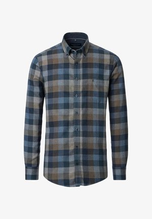 Karierte Hemdbluse in Blau-, Braun- und Grautönen. Verfügt über eine Brusttasche, lange Ärmel und einen Button-Down-Kragen. Aus Baumwollstoff.