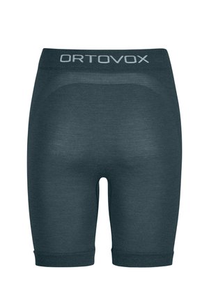 Dark gray athletic shorts with a fitted design, featuring a wide elastic waistband labeled "ORTOVOX" and smooth texture.
