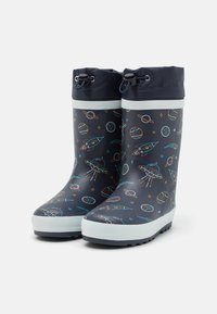 Marine Gummiregenstiefel mit einem weltraumthematisierten Muster, das Raketen und Planeten zeigt, weißer Sohle und einem verstellbaren, marineblauen Bund am oberen Ende.