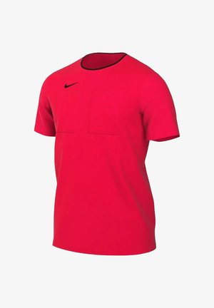 T-shirt Nike rouge avec un col rond, des manches courtes et deux poches rectangulaires à l'avant. Fabriqué en tissu léger avec une texture lisse.