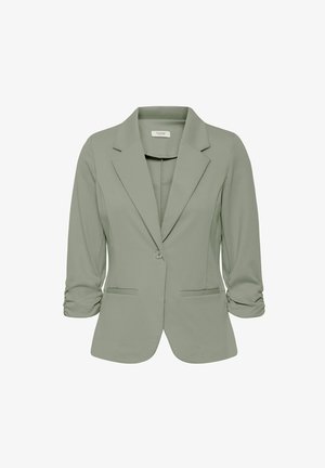 Hellgrünes Blazer mit tailliertem Design, Reverskragen, Ein-Knopf-Verschluss, hochgerollten Ärmeln und zwei Fronttaschen. Glatte Gewebe-Oberfläche.