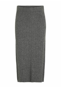 Falda lápiz de punto acanalado gris con cintura alta, diseño hasta la rodilla y tejido texturizado. Sin herrajes ni acentos visibles.