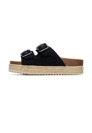 Sandali neri intrecciati a scivolo con due fibbie regolabili, caratterizzati da una tomaia in tessuto strutturato e una soletta in sughero con dettagli in juta.