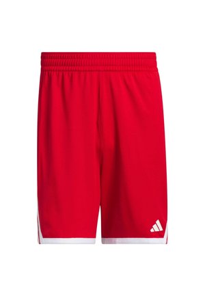 Rote Sportshorts aus synthetischem Material, mit elastischem Bund und weißen Seiteneinsätzen. Enthält ein kleines Logo in der unteren Ecke.
