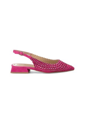Rosa Slingback-Schuh mit spitz zulaufender Zehenpartie und flachem Absatz, verziert mit Strasssteinen auf der Vorderseite und gewellten Kanten an den Seiten. Aus weichem Wildledermaterial.