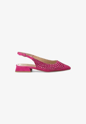 Rosa Slingback-Schuh mit spitz zulaufender Zehenpartie und flachem Absatz, verziert mit Strasssteinen auf der Vorderseite und gewellten Kanten an den Seiten. Aus weichem Wildledermaterial.